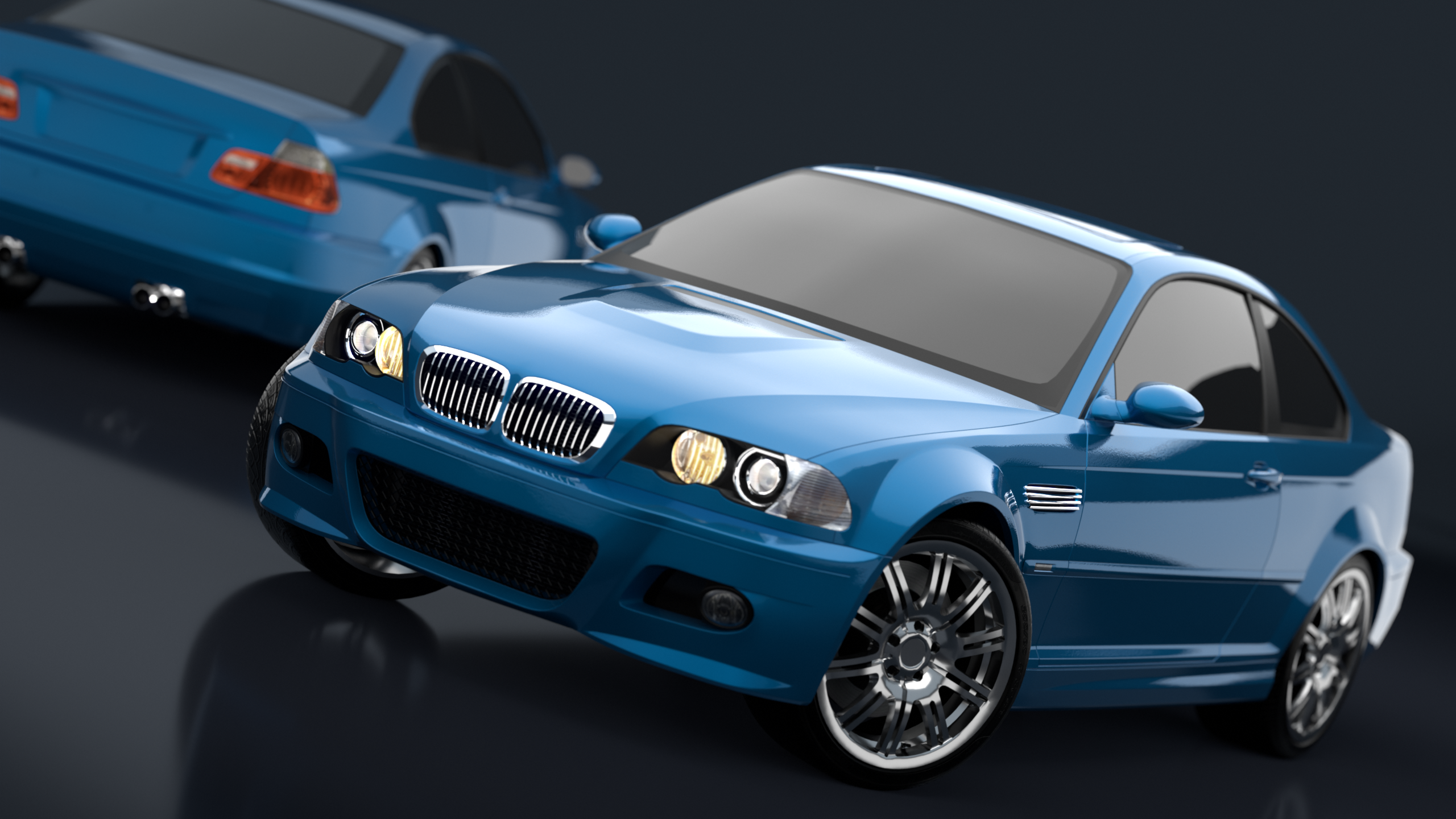 Blue BMW M3 3D vehicle render in a dark studio